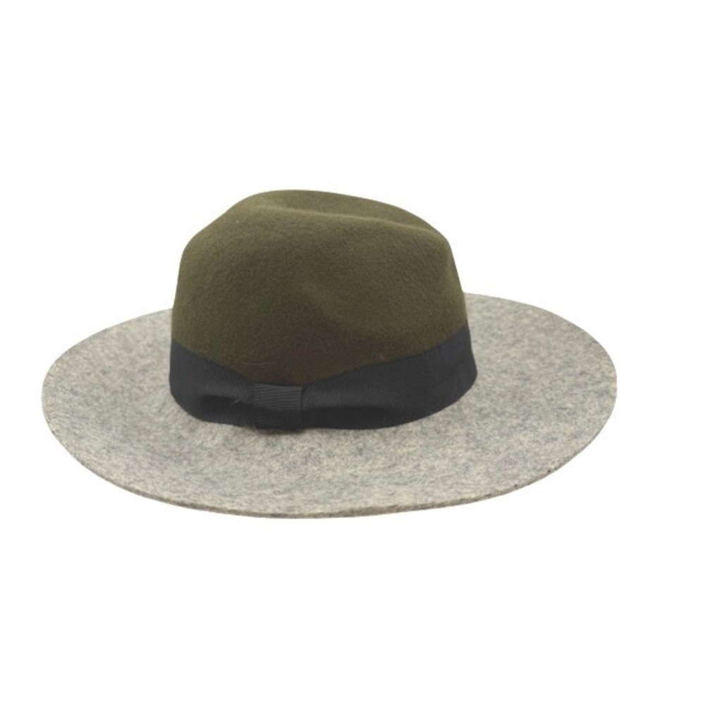 Target Women Olive Green Grey Two Tone 100% Wool Wide Brim Fedora Hat RN17730